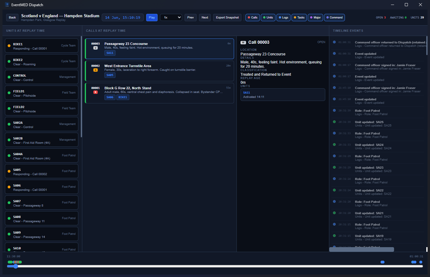 EventMED Dispatch — Dispatch Replay mode showing event timeline scrubber and historical call feed