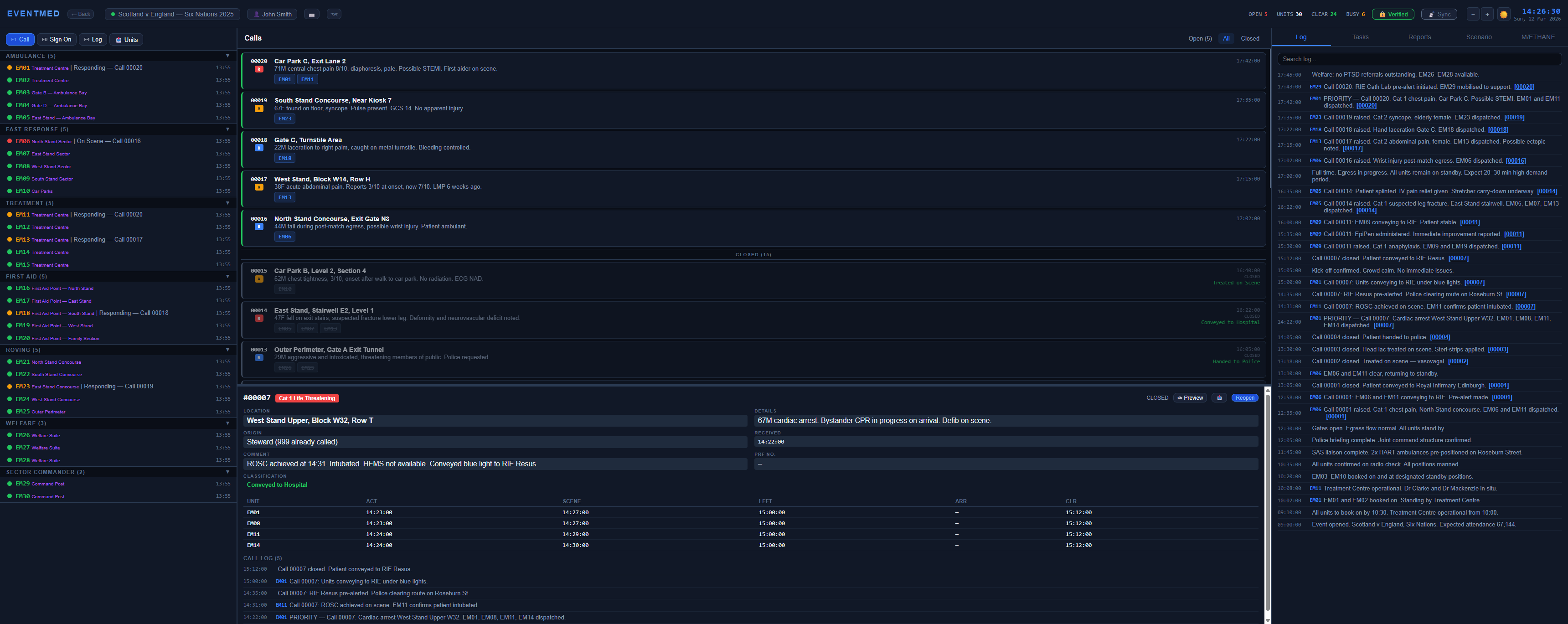 EventMED Dispatch — main dispatch control screen showing live calls, units and log